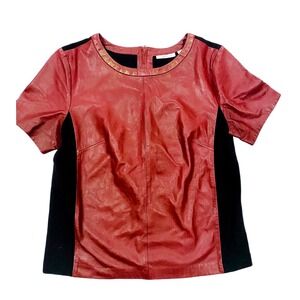 Halogen Quiet Luxury Leather Burgundy and Black Short Sleeve Shirt - Small
